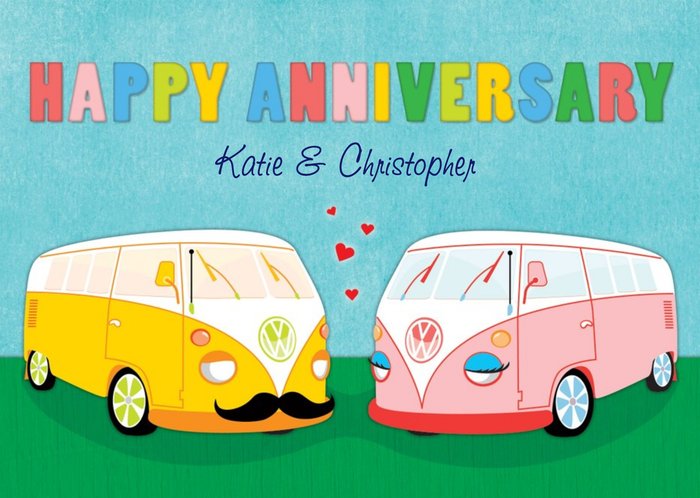 Pair Of Vw Camper Vans Personalised Happy Anniversary Card