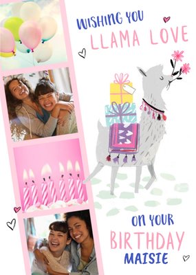 Cute Llama Love Photo Upload Birthday Card