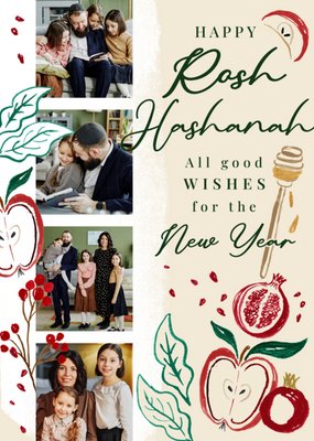 Honey Apple And Pomegranate Painted Illustrations Multi Photo Upload Good Wishes Rosh Hashanah Card