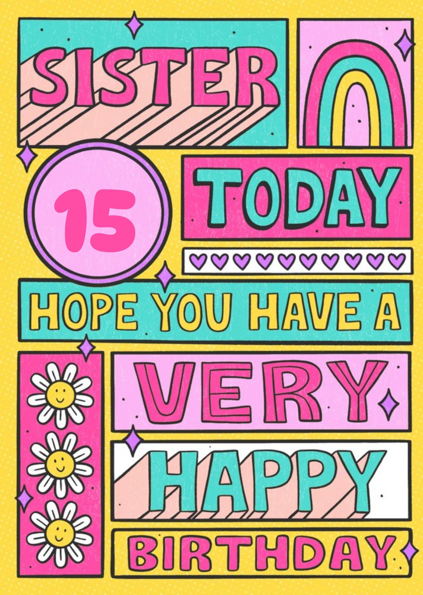 Moonpig Bright Graphic Typographic Icons Sister 15 Today Photo Upload Birthday Card Ecard
