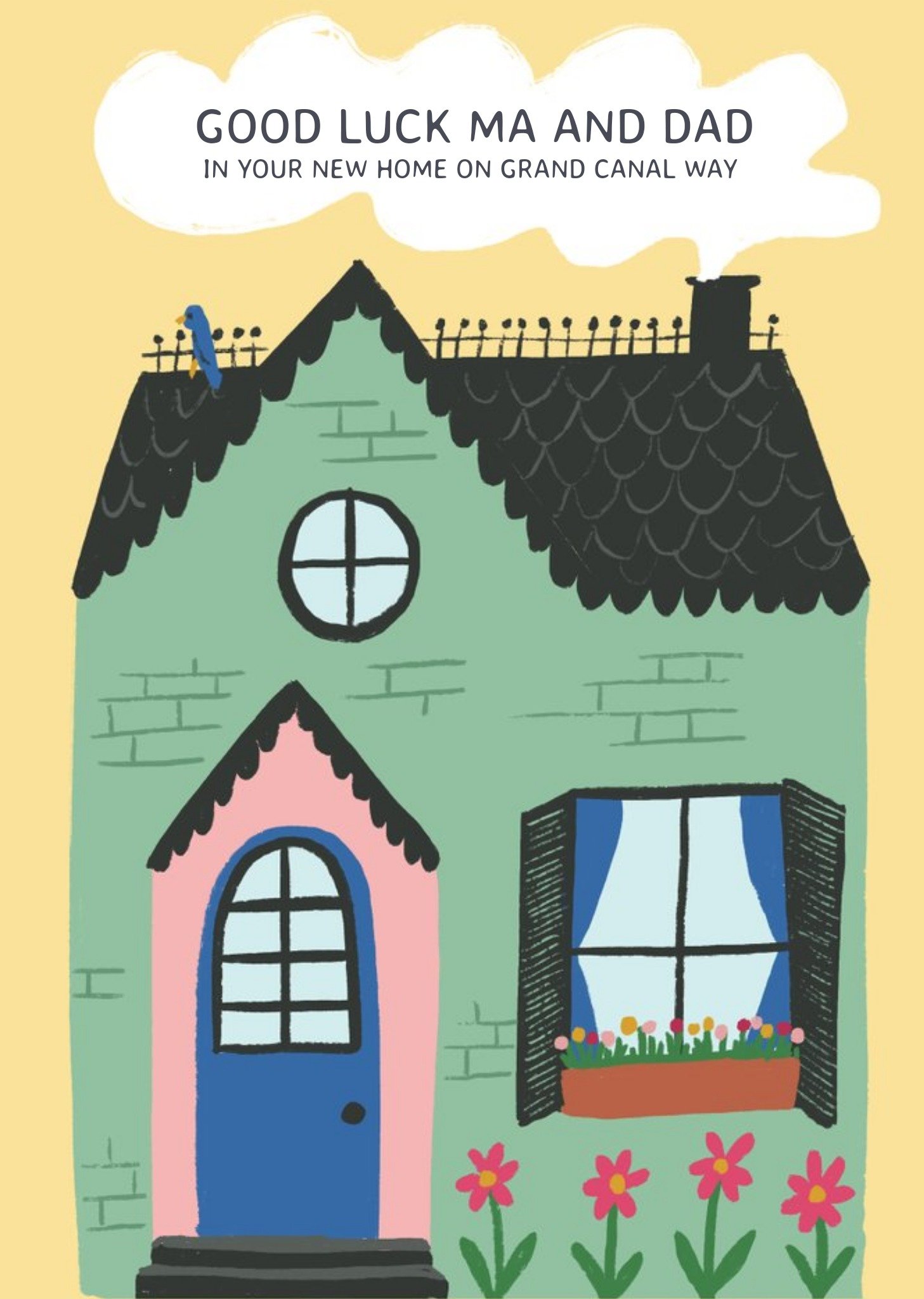 Moonpig Katy Welsh Illustrated Green Brick House New Home Card Ecard