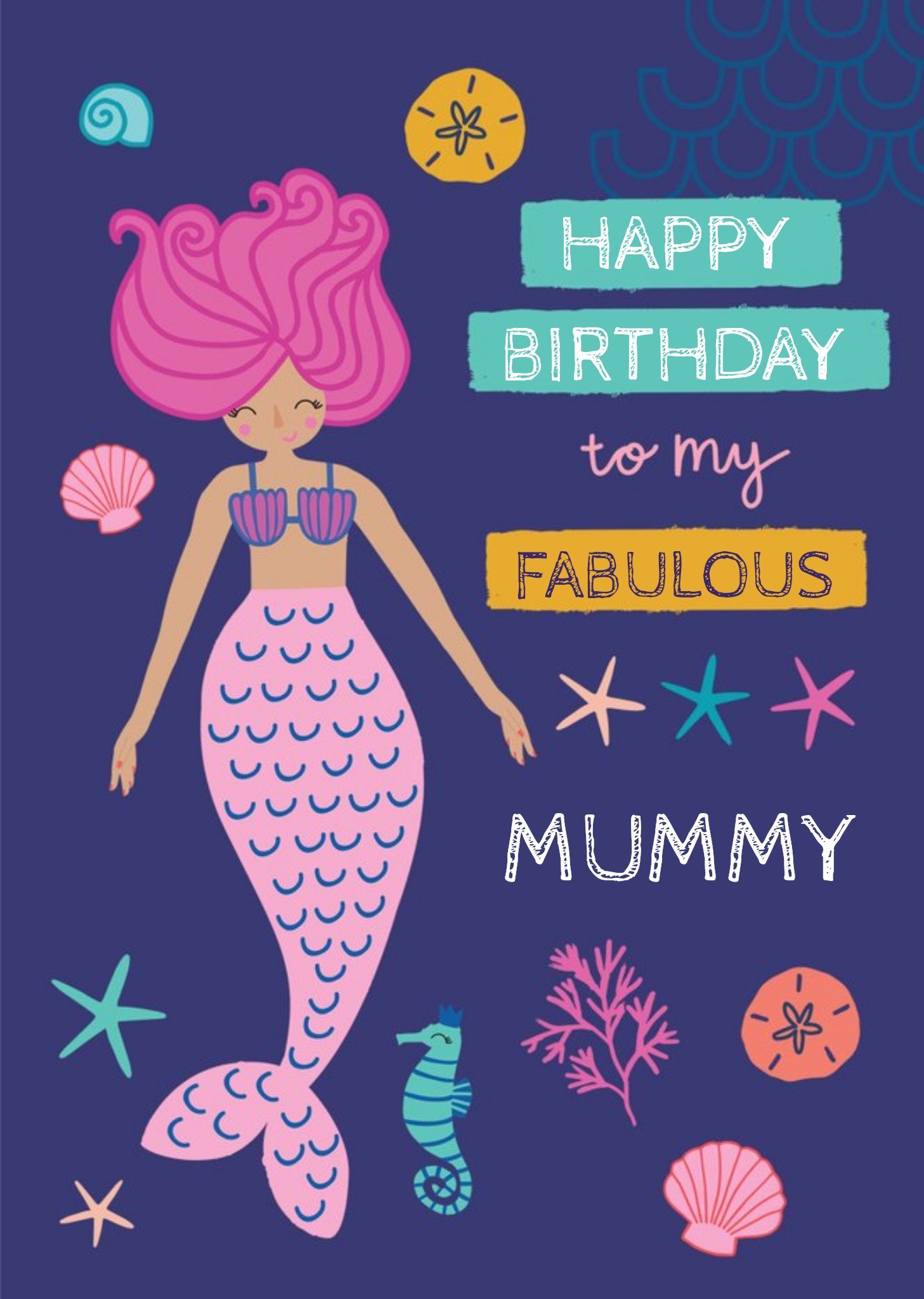 Trendy Mermaid Cheerful Arty Fabulous Mummy Birthday Card Ecard