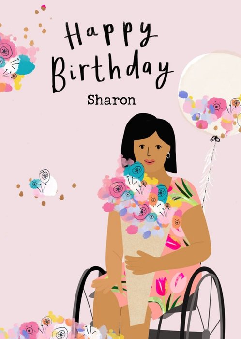 Illustration of a woman in a wheelchair holding flowers smiling and happy Birthday Card