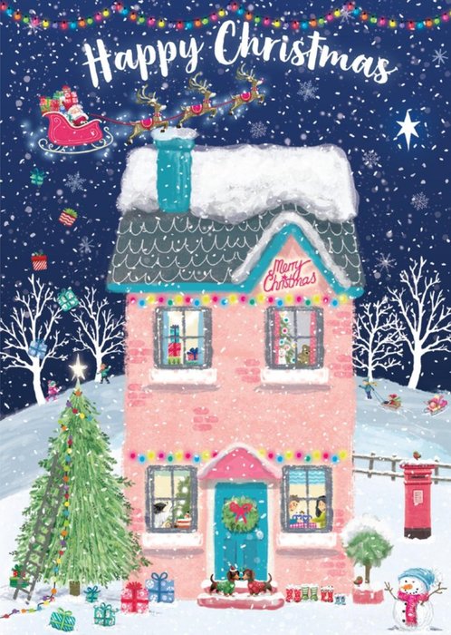 Festive Illustration Of A Cosy House With Santa And His Reindeers Flying Above Happy Christmas Card