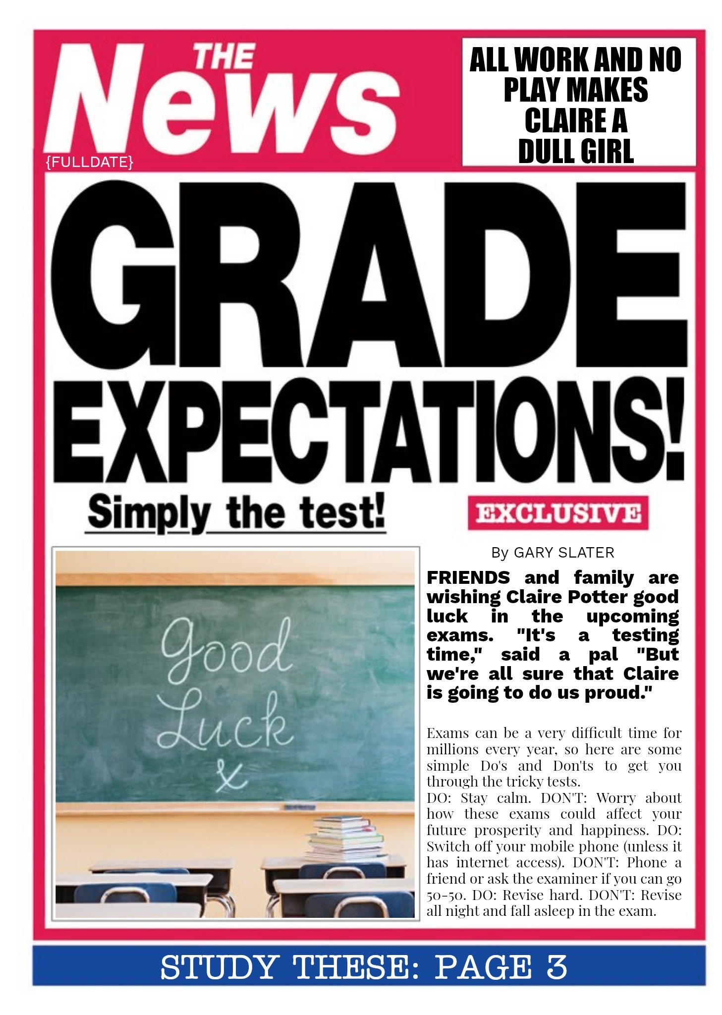 Moonpig The News Grade Expectations Good Luck On Your Exams Personalised Card, Large