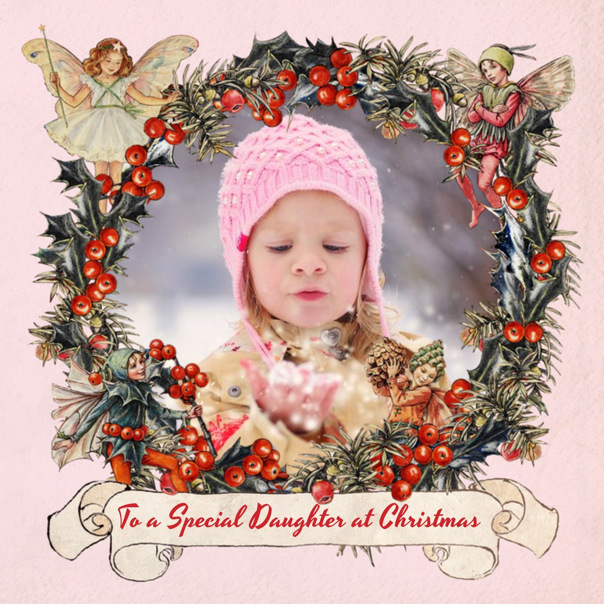 Flower Fairies Holly And Angel Bordered Photo Christmas Card, Square
