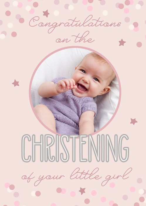 Colourful Confetti Surrounds Circular Photo Upload Baby Girl Christening Card