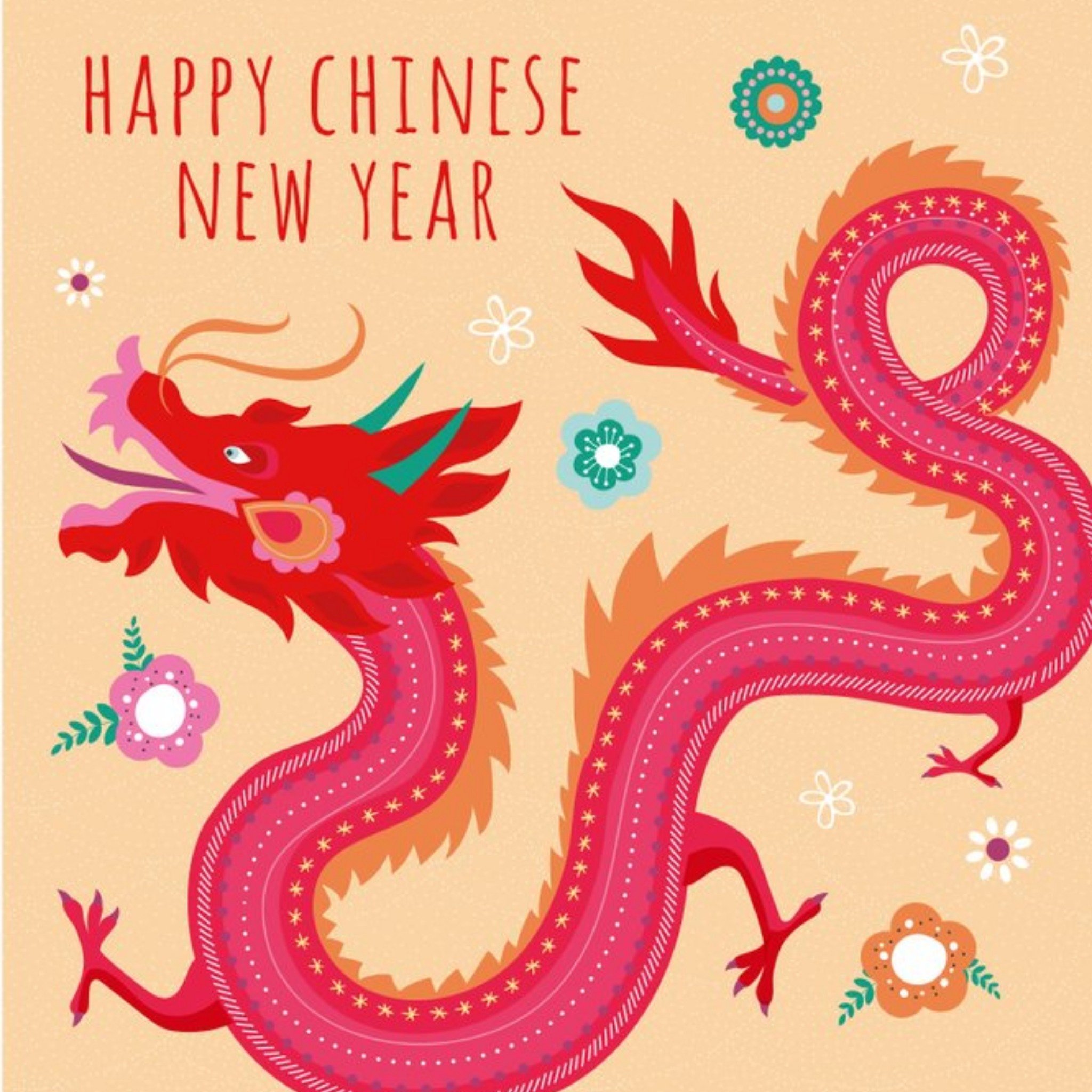 Dragon And Flowers 2021 Happy Chinese New Year Card, Square