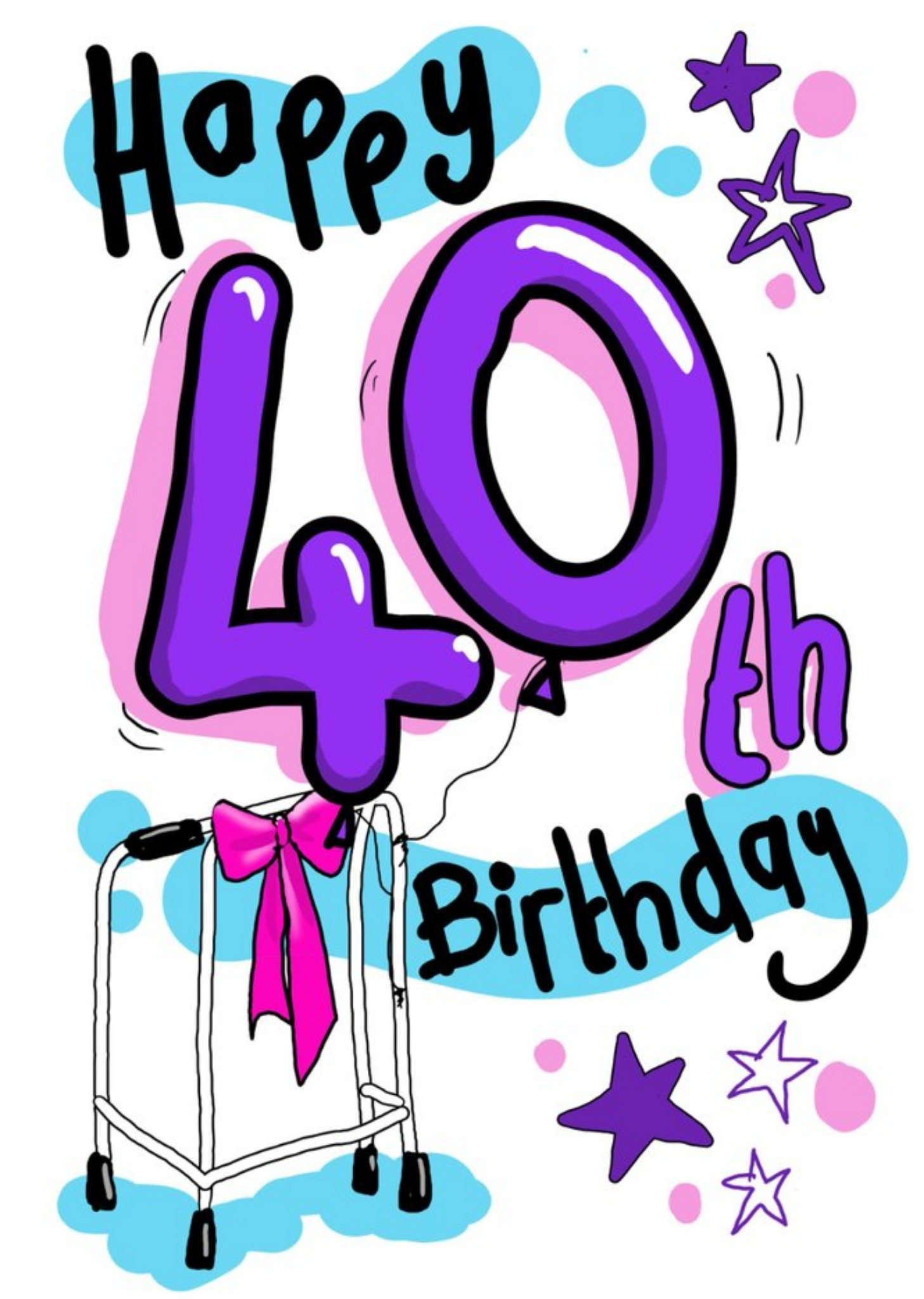 Vibrant Illustration Of A Zimmer Frame With Number 40 Balloons Humourous Fortieth Birthday Card Ecard