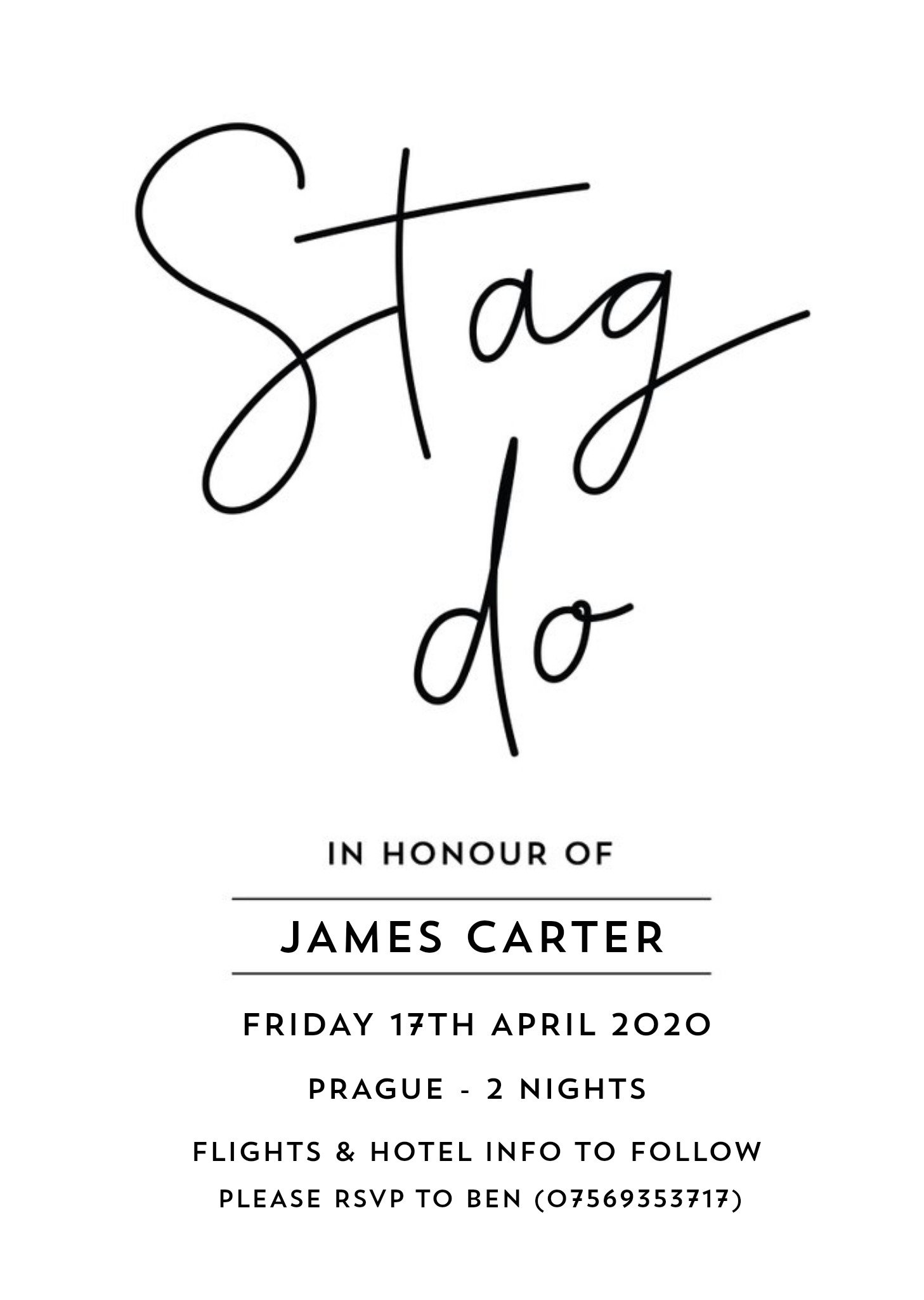 Typographic Wedding Stag Do Invitation Card, Standard