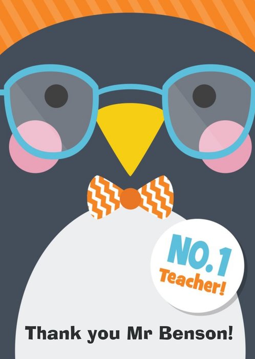 Cartoon Penguin With Glasses Personalised Thank You Teacher Card