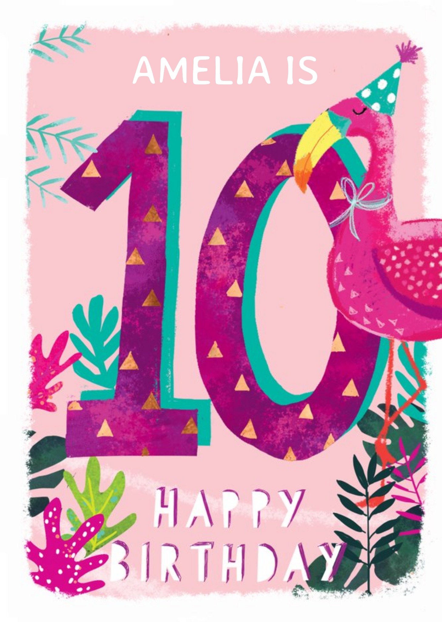 Ling Design - Kids Happy Birthday Card - Flamingo - 10 Today, Large
