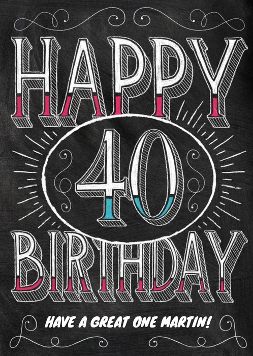 Classic Chalkboard Style Personalised Happy 40th Birthday Card