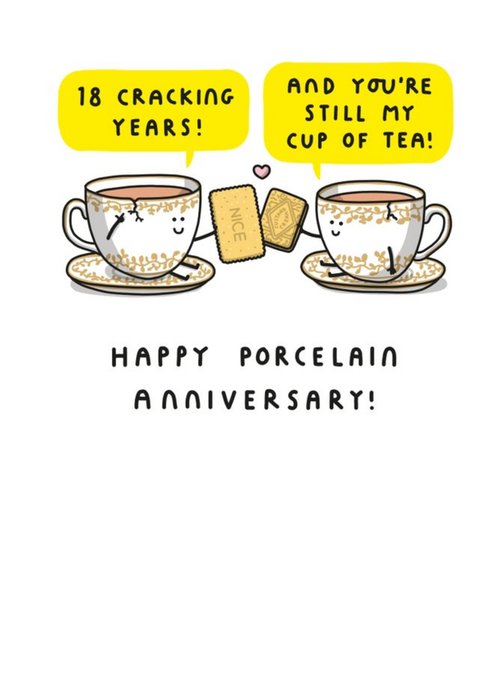 Two Tea Cups Toasting With Biscuits Cartoon Illustration Eighteenth Anniversary Funny Pun Card