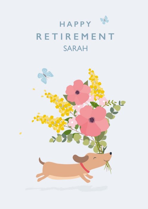 Cute Dog Running With A Flower Bouquet Personalised Happy Retirement Card