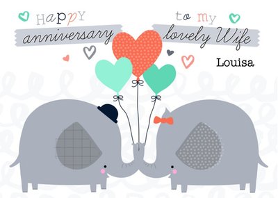 Elephants With Balloons Personalised Happy Anniversary Card For Wife