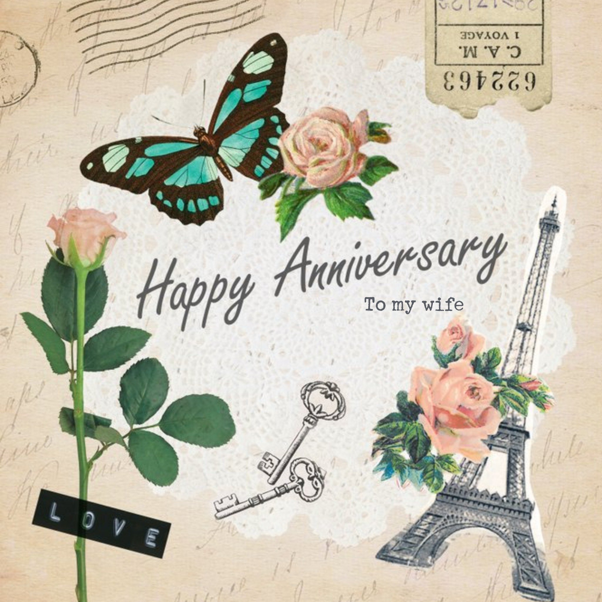 Vintage Paris And Roses Anniversary Card For Wife, Square