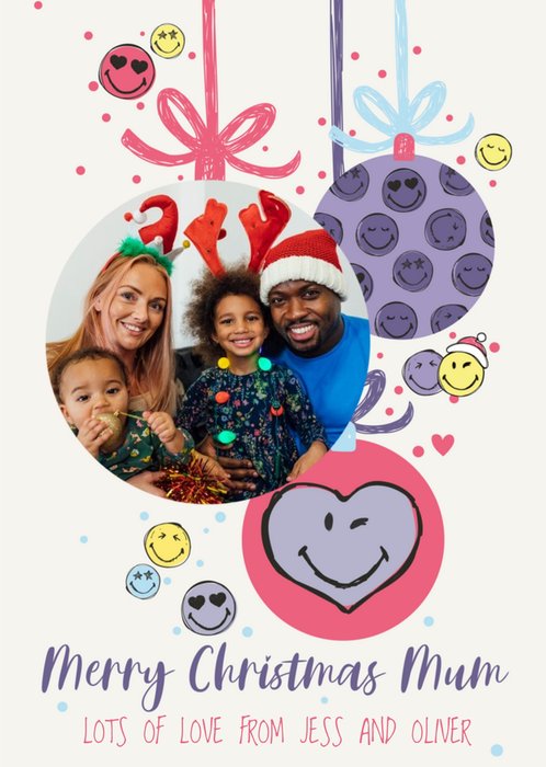 Smiley World Fun Bauble Photo Upload Christmas Card For Mum