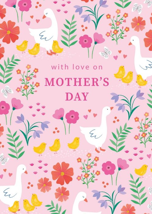 Illustration Of Colourful Flowers Geese And Goslings Mother's Day Card