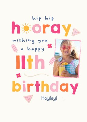 Happy Go Lucky Hip Hip Hooray 11th Birthday Photo Upload Card