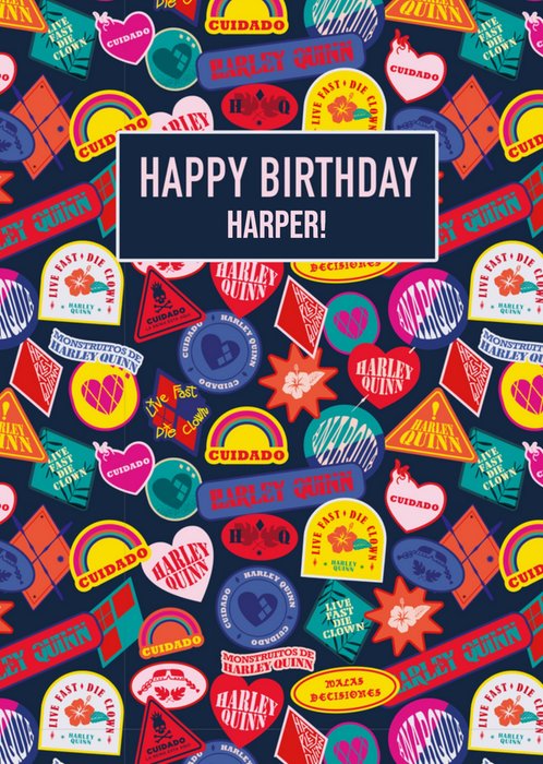 Suicide Squad Colourful Badges Peronalised Happy Birthday Card