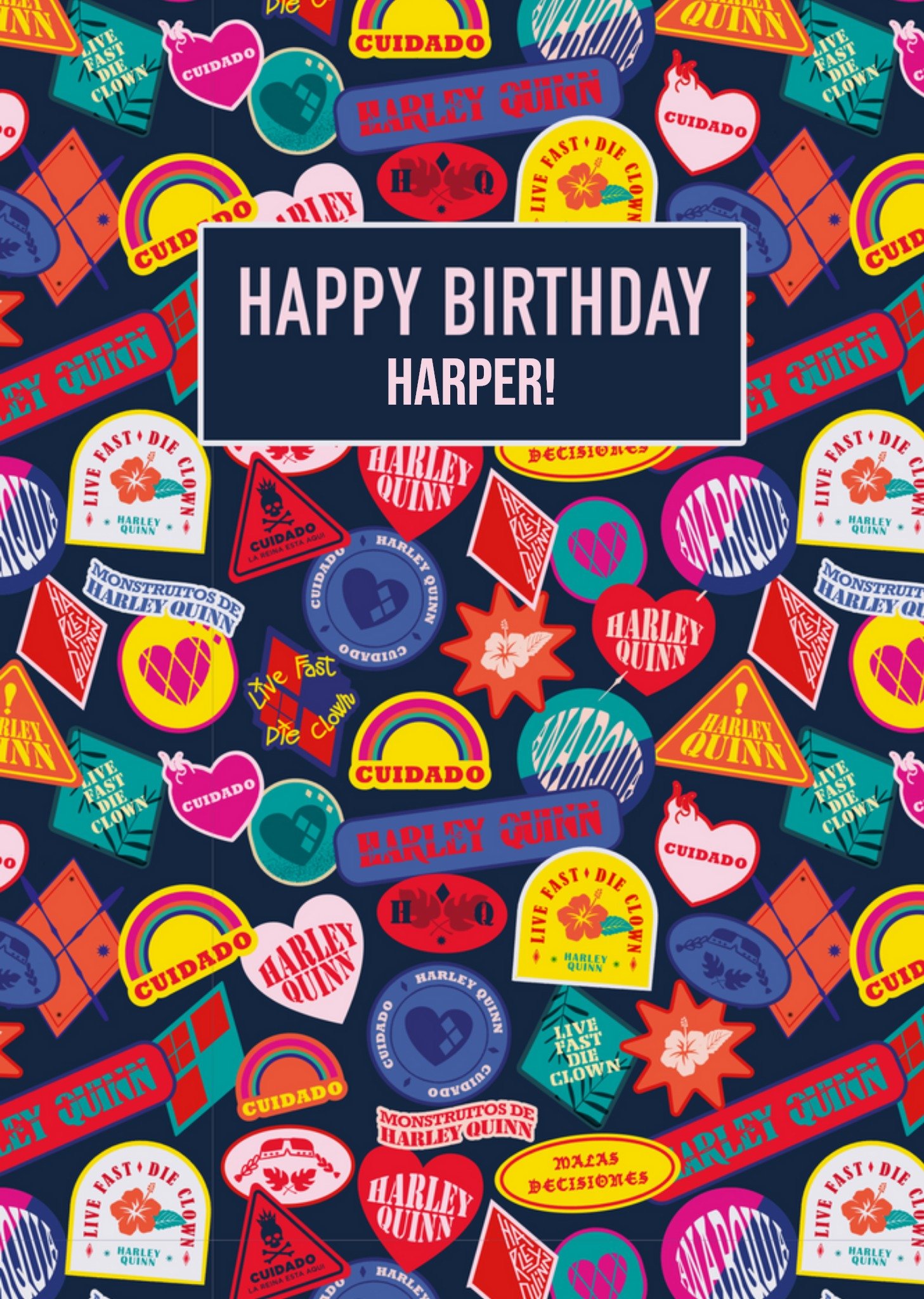 Other Suicide Squad Colourful Badges Peronalised Happy Birthday Card Ecard