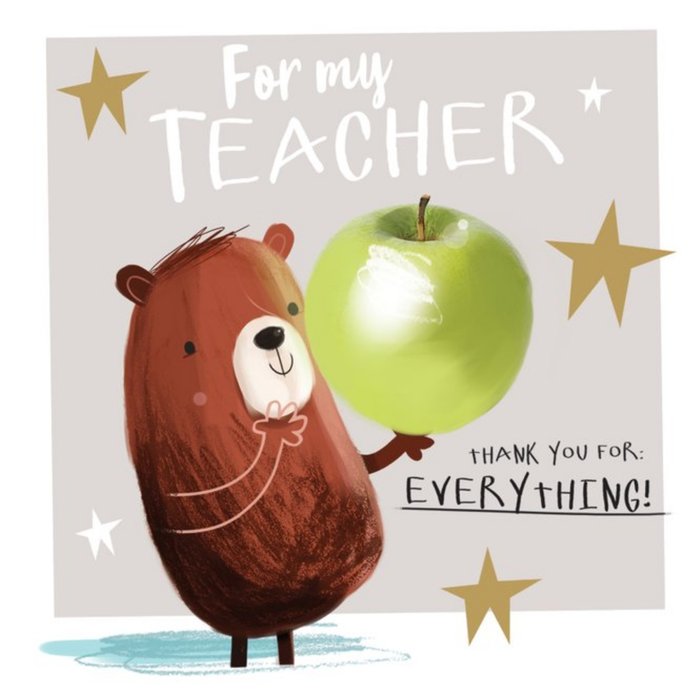 Cute Illustrated Bear Holding Apple Thank You Teacher Card