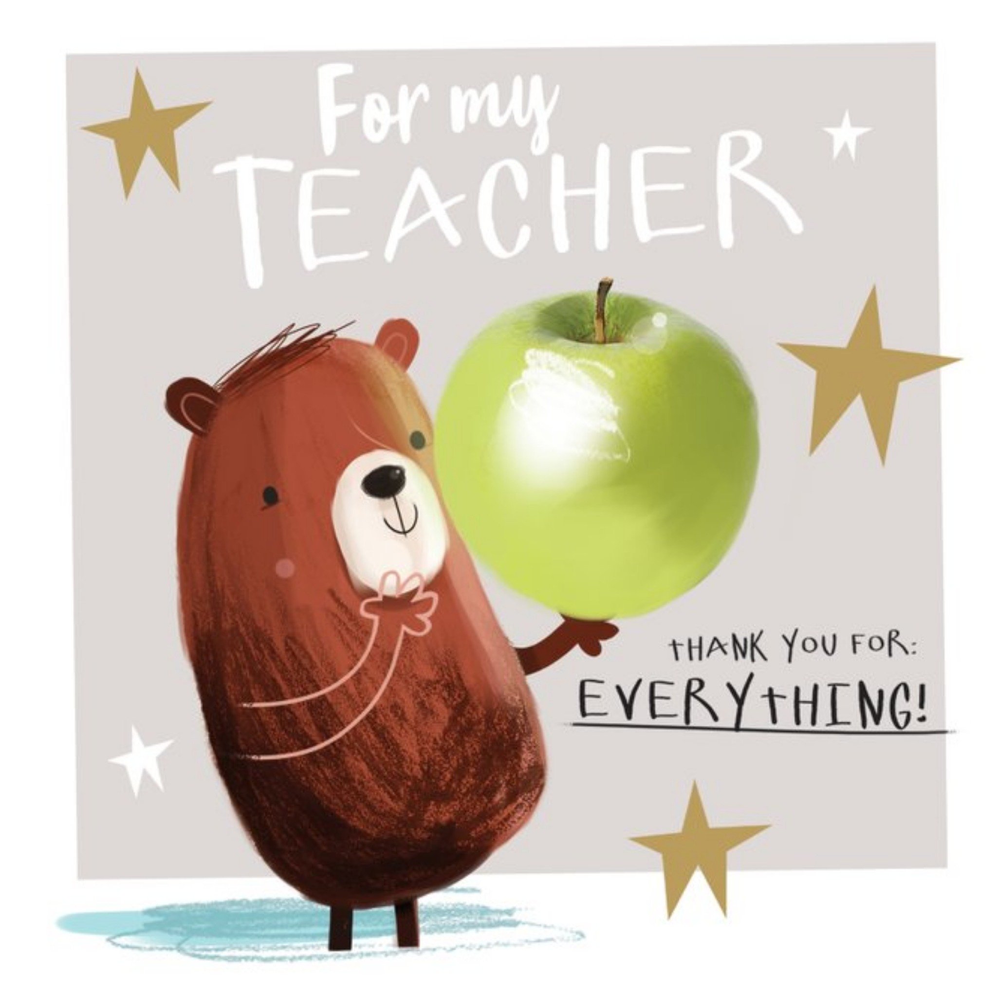 Cute Illustrated Bear Holding Apple Thank You Teacher Card, Square