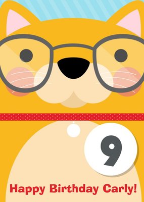 Cartoon Cat With Glasses Personalised Happy 9th Birthday Card