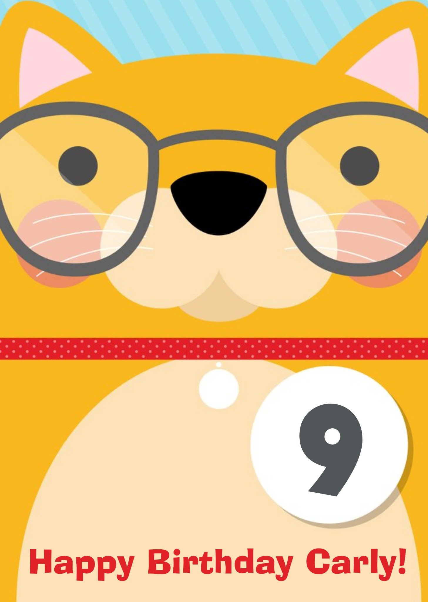 Cartoon Cat With Glasses Personalised Happy 9th Birthday Card Ecard