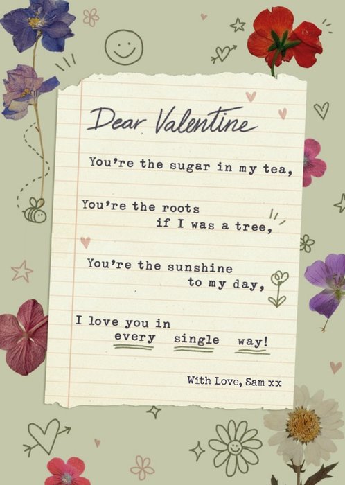 Note Paper Surrounded By Flowers And Spot Illustrations Valentine's Day Card