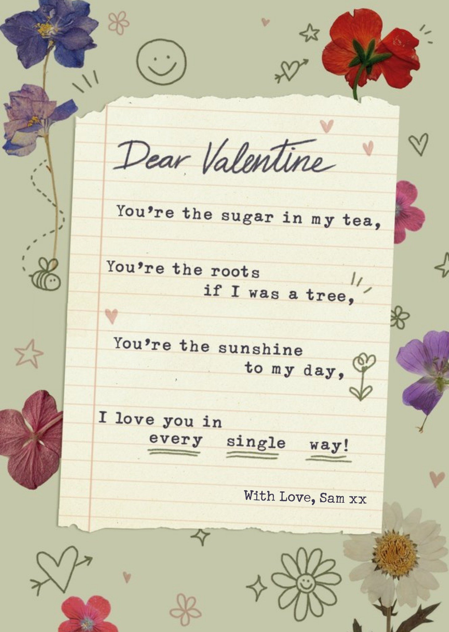 Moonpig Note Paper Surrounded By Flowers And Spot Illustrations Valentine's Day Card Ecard
