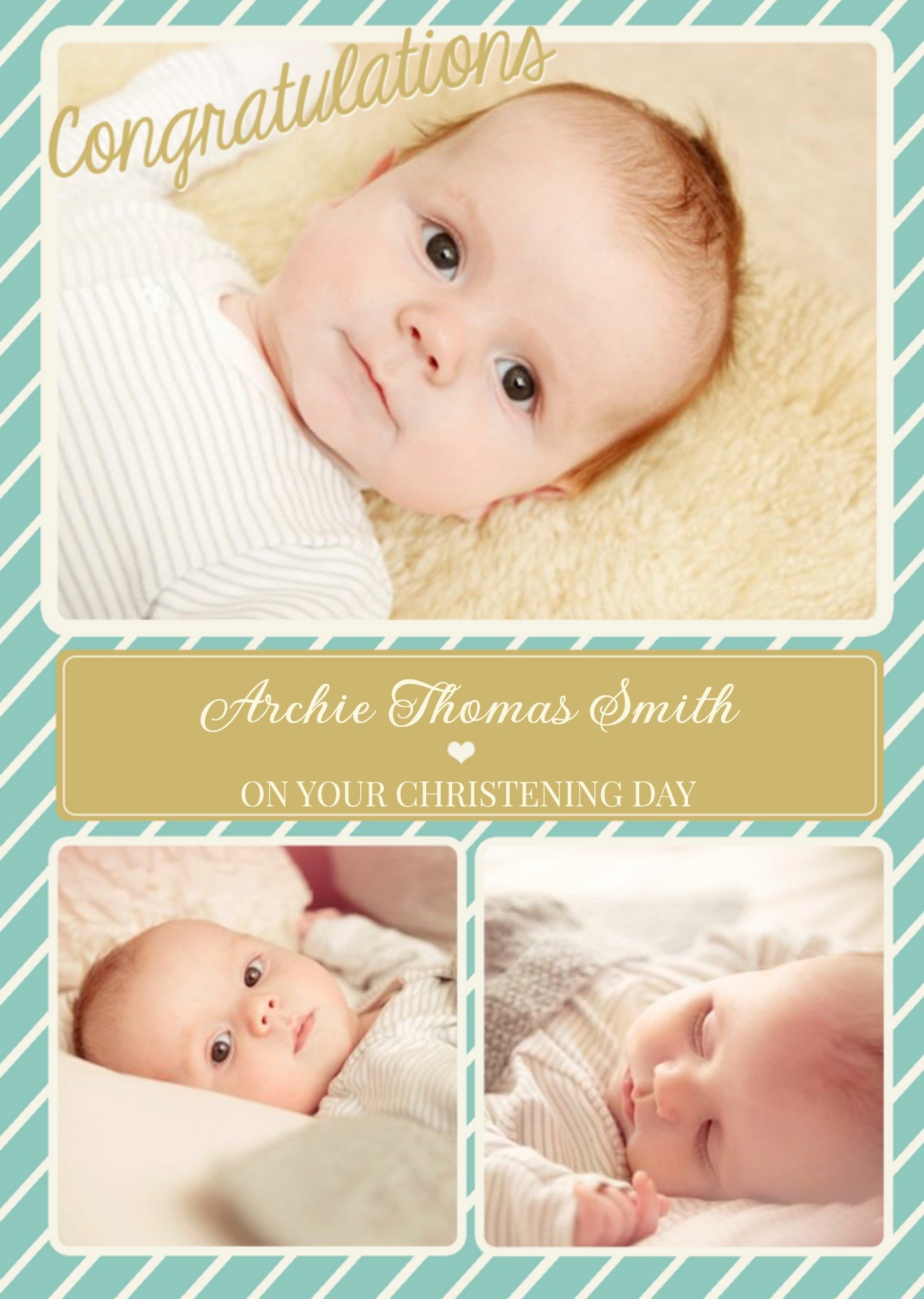 Teal And Striped Multi-Photo Christening Card