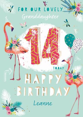 Illustrations Of Pink Flamingos Flowers And Balloons Granddaughter's Fourteenth Birthday Card