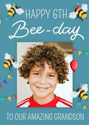 Okey Dokey Illustrated Bees Grandson 6th Birthday Photo Upload Card