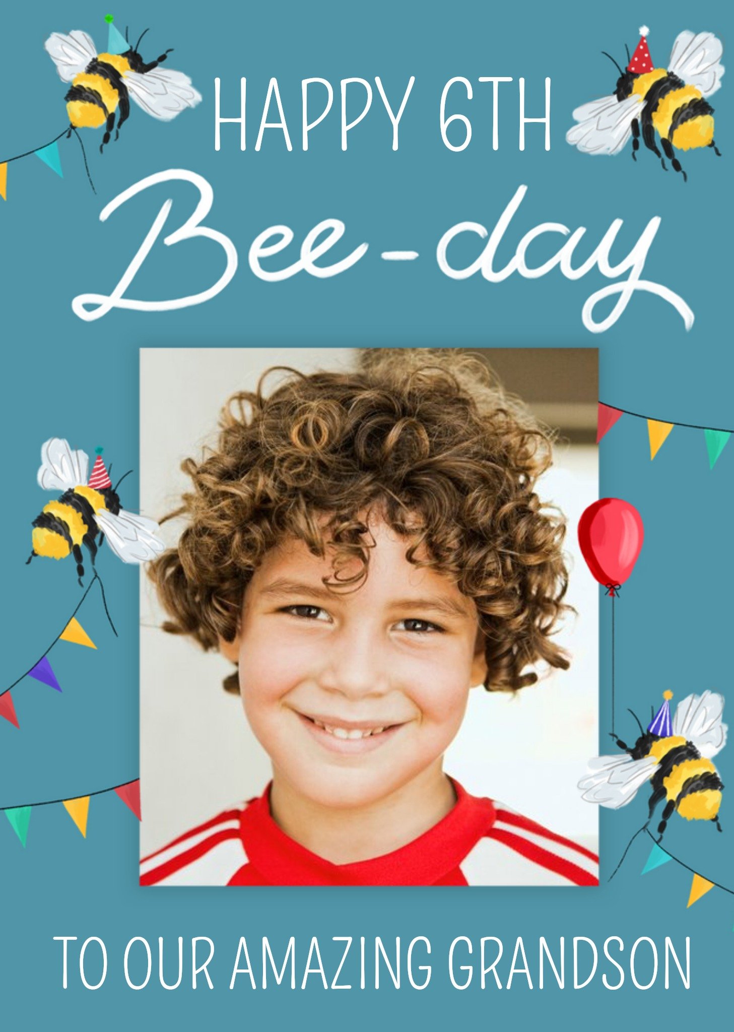Okey Dokey Design Okey Dokey Illustrated Bees Grandson 6th Birthday Photo Upload Card, Large