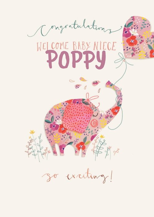Cute Illustration Of A Patchwork Elephant Congratulations Baby Niece Personalised Card