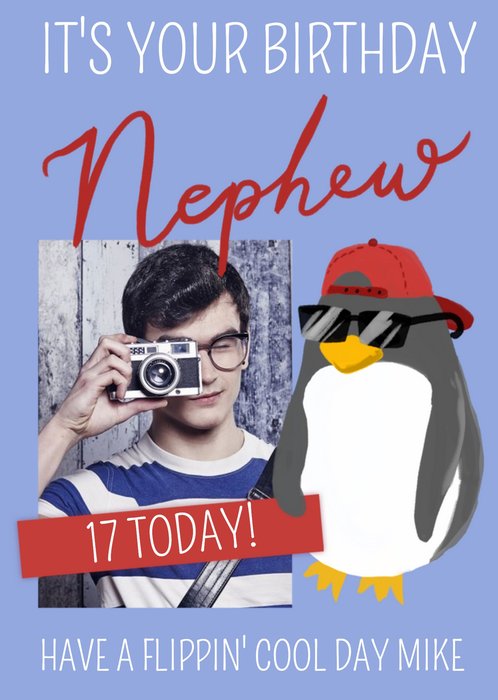 Penguin Illustration Text Editable Photo Upload Nephew Birthday Card
