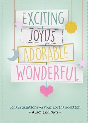 Colourful Typopgraphy On A Baby Mobile With A Light Teal Background Loving Adoption Card