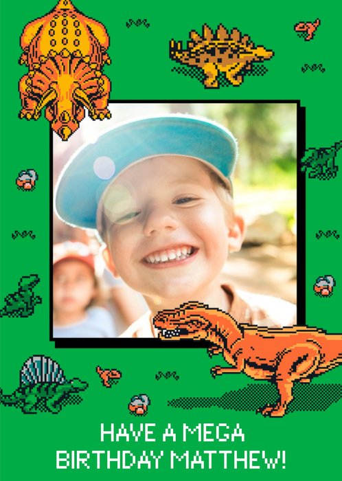 Jurassic Park Retro 8-Bit Dinousaur Photo Upload Birthday Card