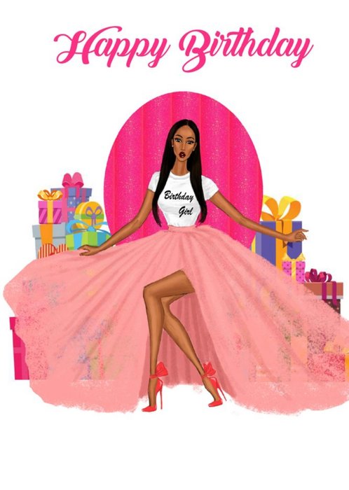 Modern Illustrated Woman In Big Skirt With Gifts Birthday Card