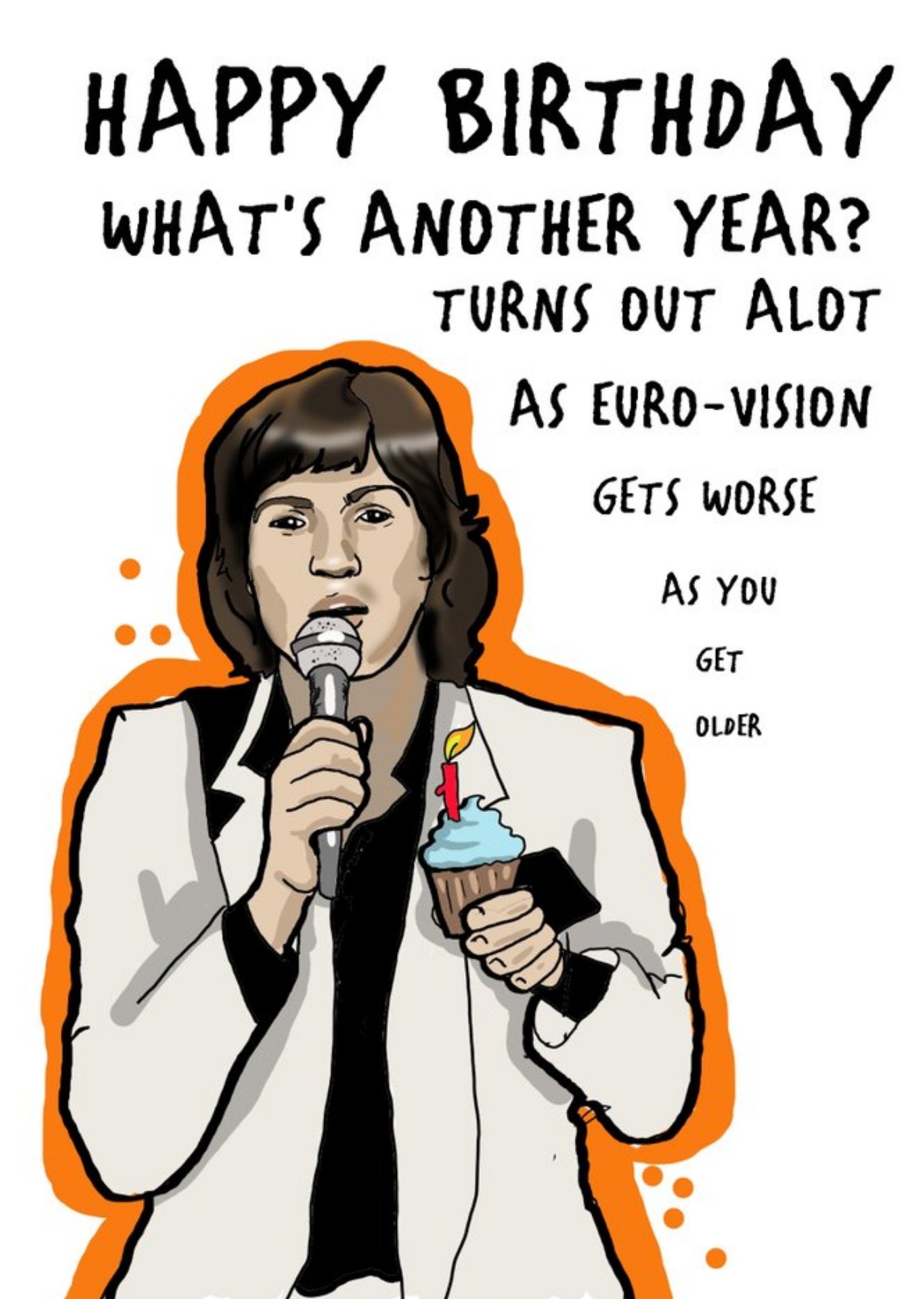 Illustration Of A Famous Irish Singer Holding A Cupcake Eurovision Birthday Card Ecard