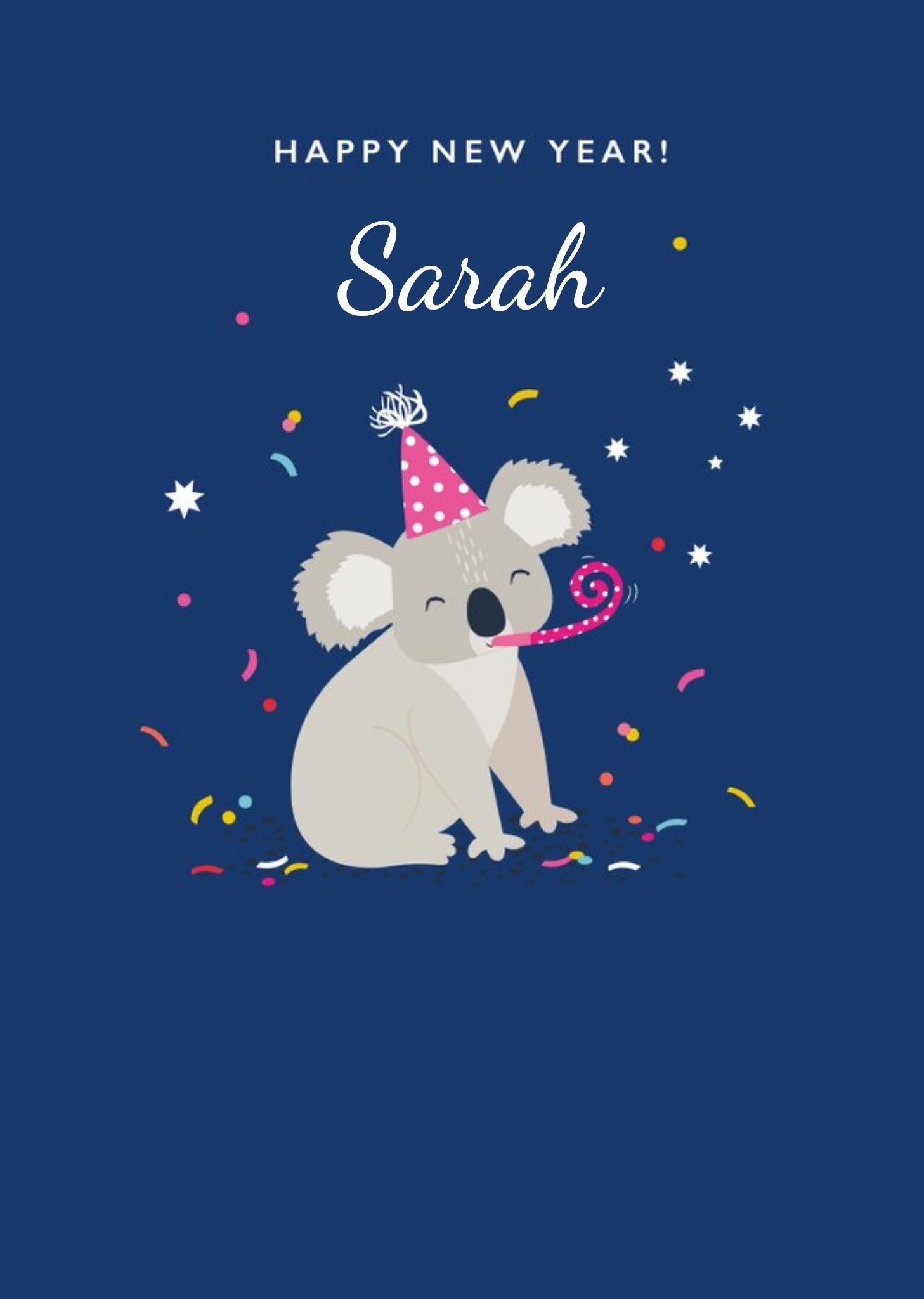 Cute Illustration Of A Koala Surrounded By Confetti On A Blue Background Happy New Year Card Ecard