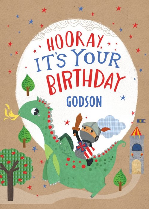 Kids Birthday Card - Hooray, It's your Birthday - Dragon - Knight