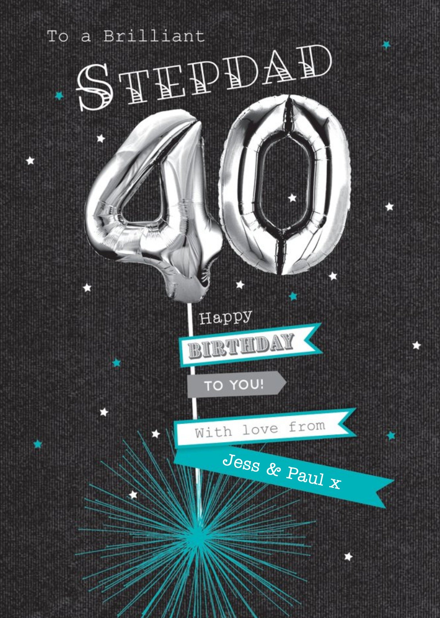 Silver Number Fourty Balloon With Banners Surrounded By Stars Stepdad's Fourtieth Birthday Card Ecard