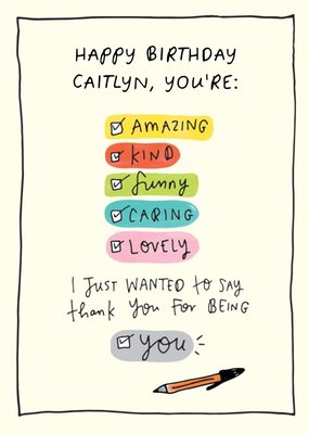 Personalised Thank You For Being You Checklist Happy Birthday Card