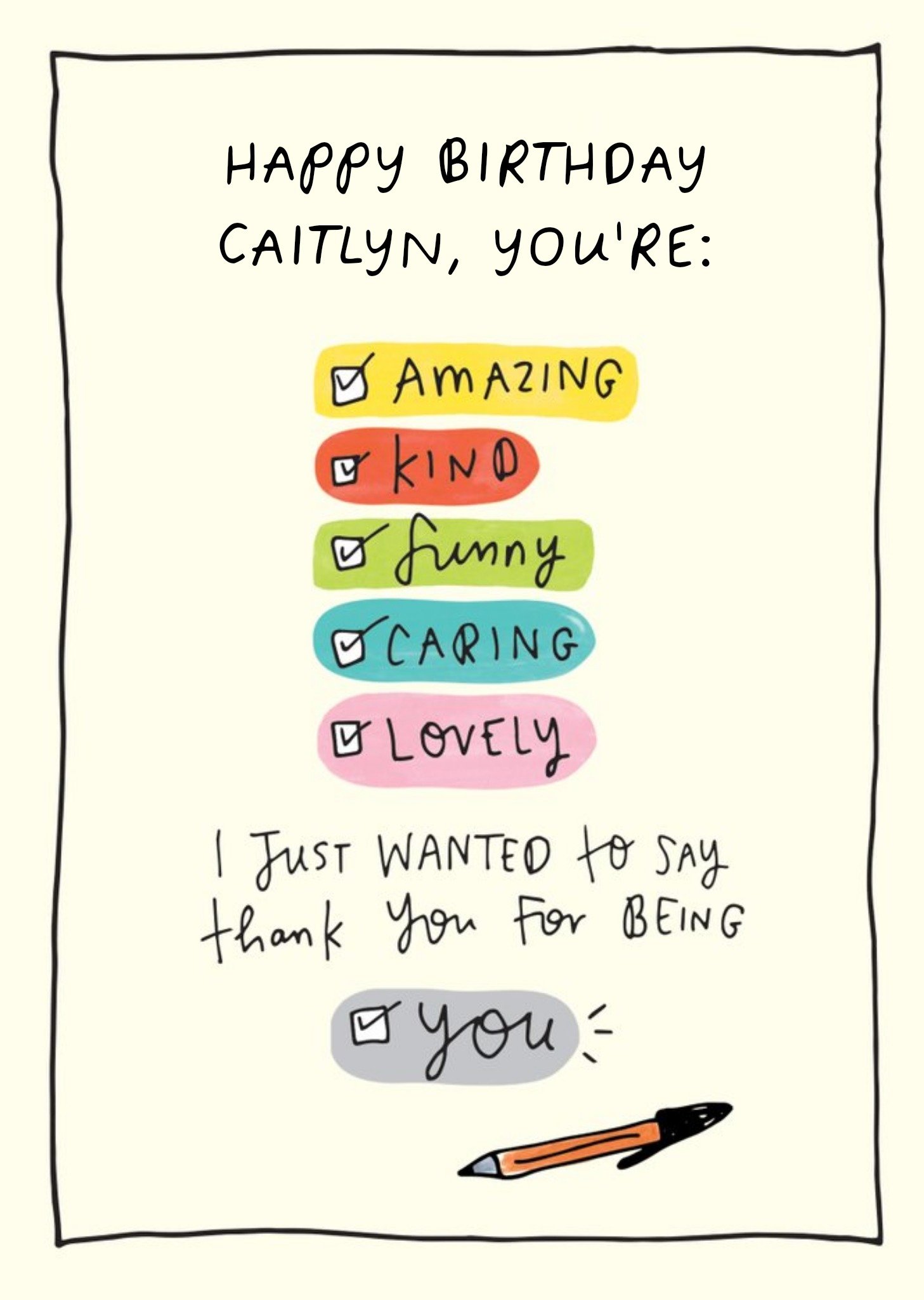 Moonpig Personalised Thank You For Being You Checklist Happy Birthday Card, Large