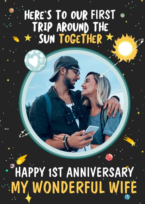 The London Studio Here's To Our First Trip Around The Sun Wonderful Wife Anniversary Card