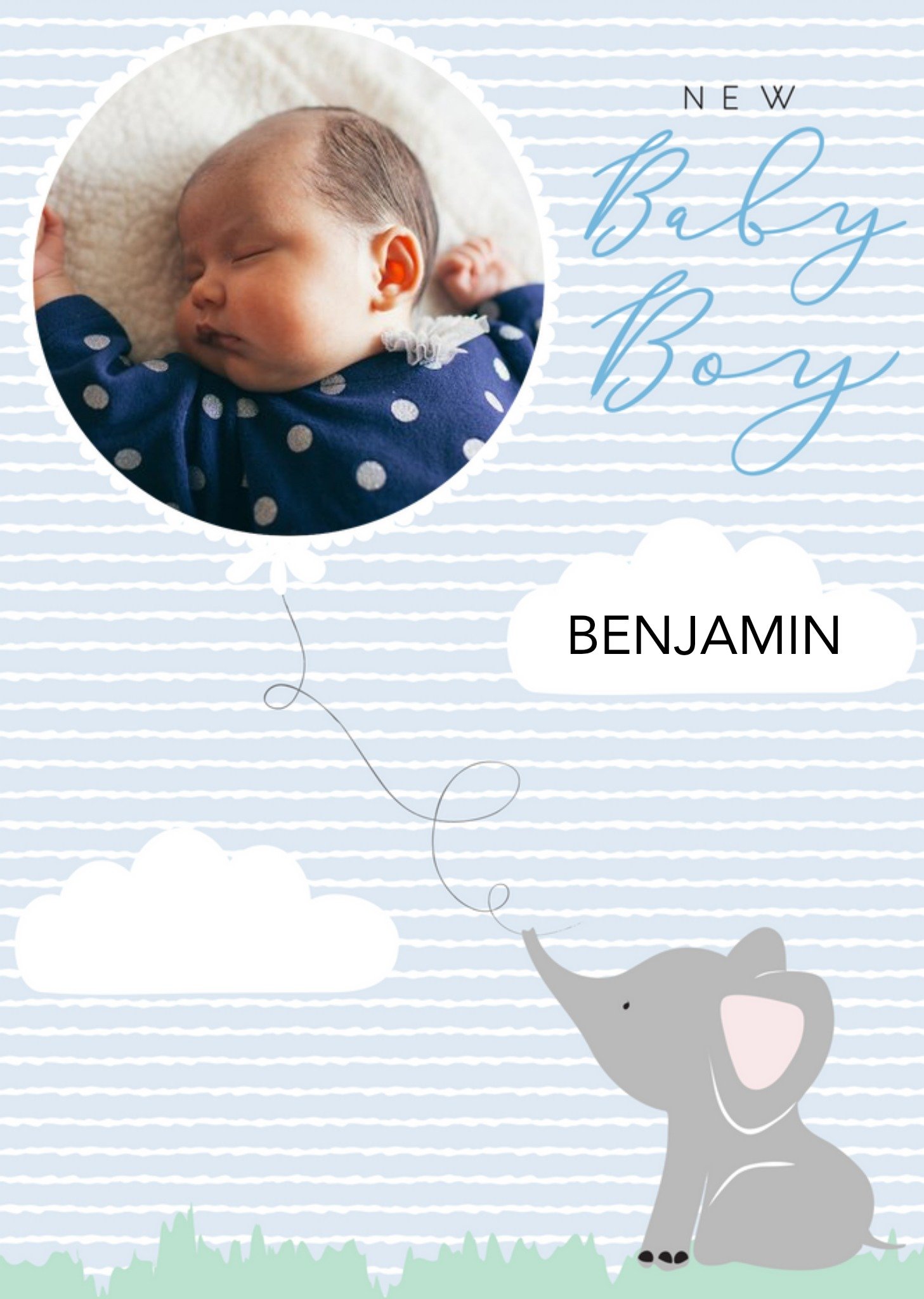 Illustrated Elephant Photo Upload Customisable New Baby Boy Card Ecard