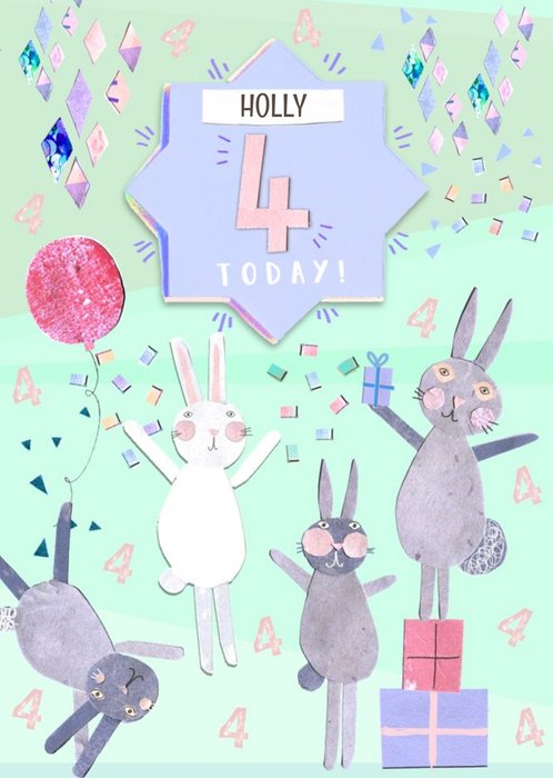 Bunnies, Confetti And Gifts Personalised Happy 4th Birthday Card